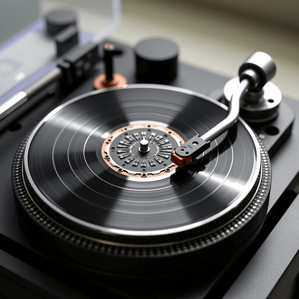 AI generated: A classic vinyl record player, the turntable is a spinning, circular PCB with intricate silver trace...