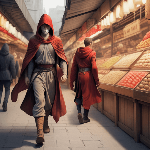 AI generated:  A serious and brave men jedi walking through a market in tooran , wearing a  red hooded robe--ar 4:...