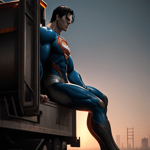 AI generated: Photo of a ultra realistic superman in trash truck, dramatic light, pale sunrise, cinematic lighting...
