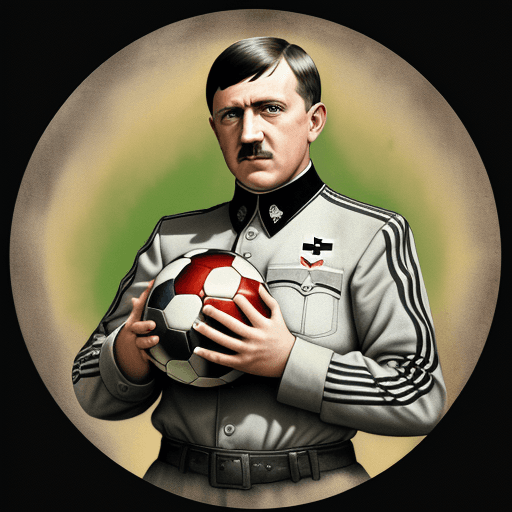 AI generated: Portrait of adolf hitler holding a soccer ball in color. Show the full soccer ball held centrally wi...