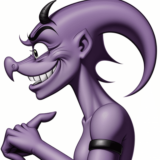 AI generated: drawing of a cartoon purple demon with long chin, from the side, handcuffed and smiling