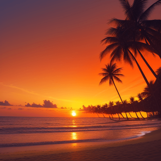 AI generated: Picture a sunset on the beach, where the sky glows with brilliant colors of red, orange and yellow. ...