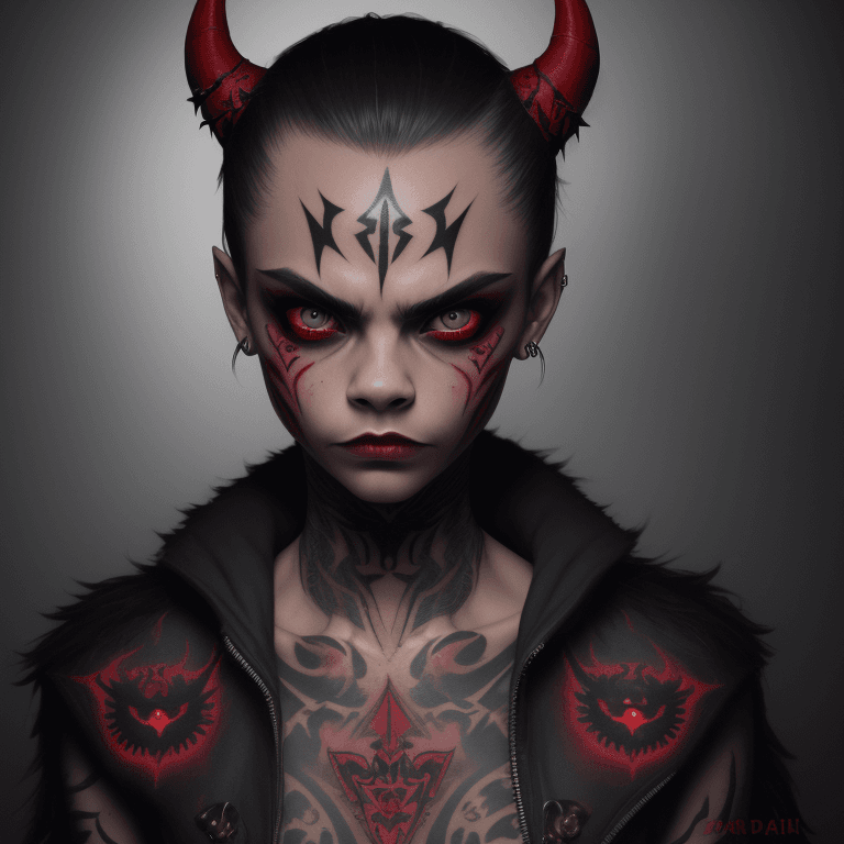 AI generated: Cara Delevingne,red eyes,short black Hairstyle,facial tattoos,facial piercings,portrait photo of dav...