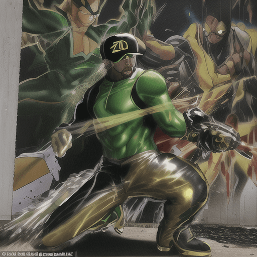 AI generated: A black man in a  green metallic superhero suit with gold gloves and yellow boots,black sunglasses w...