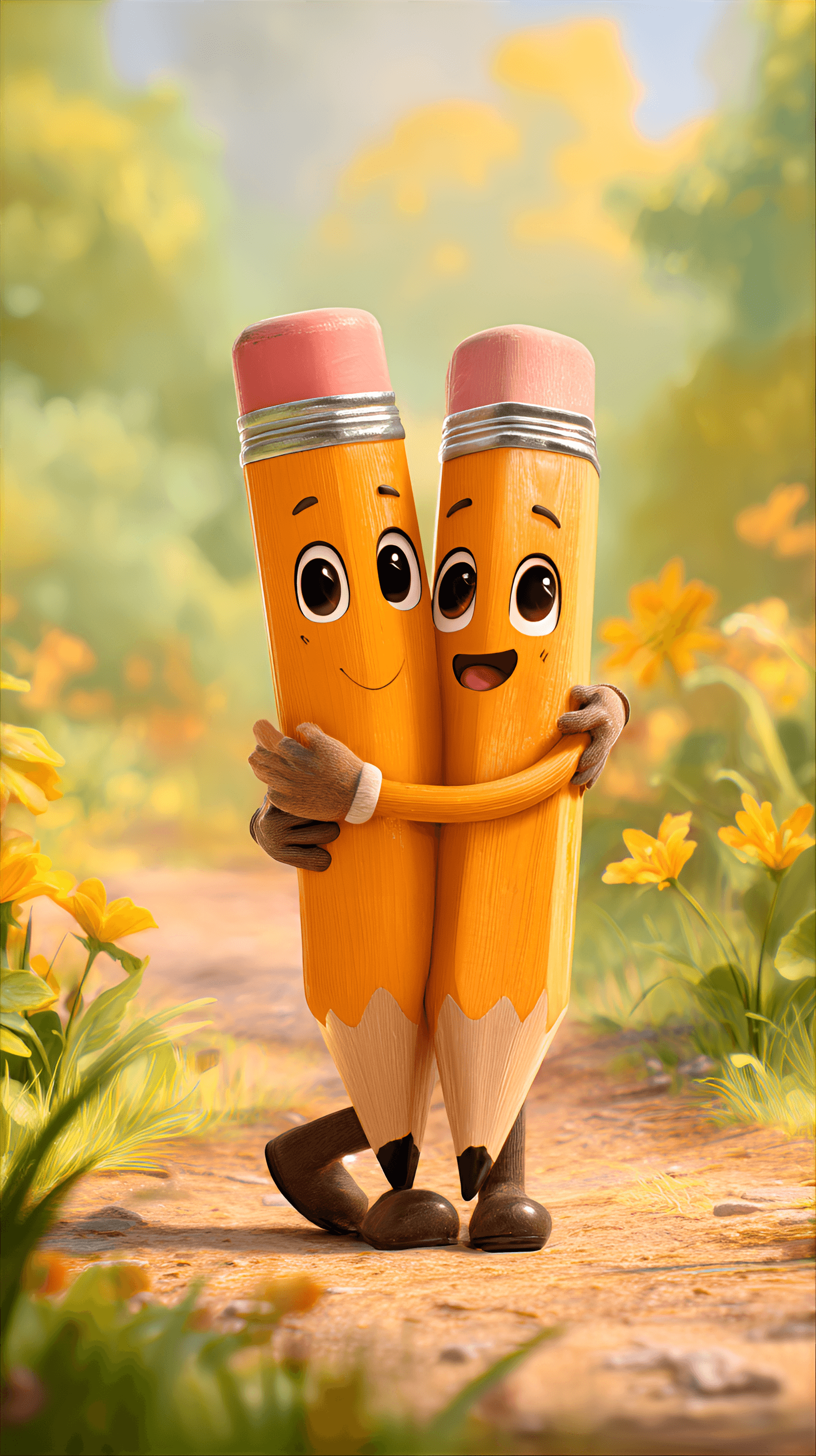 AI generated: Two anthropomorphic pencils are the central subjects, rendered in a cheerful, cartoonish style. The ...