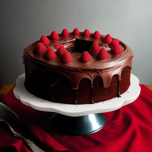 AI generated: A close-up shot of a decadent chocolate cake with layers of rich frosting and ganache. The cake is t...