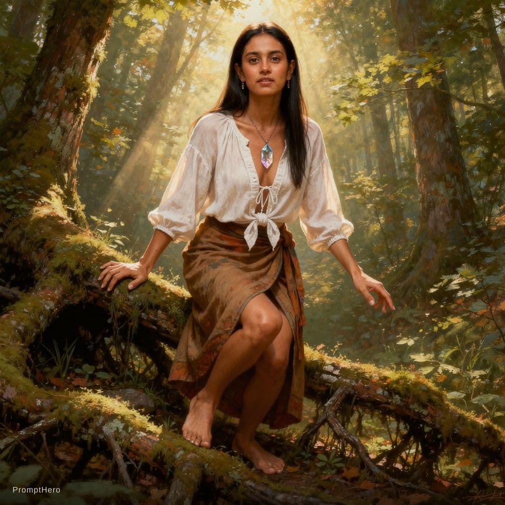AI generated: A tall, lean brunette with straight hair cascading mid-back, wearing a loosely tied low-cut peasant ...