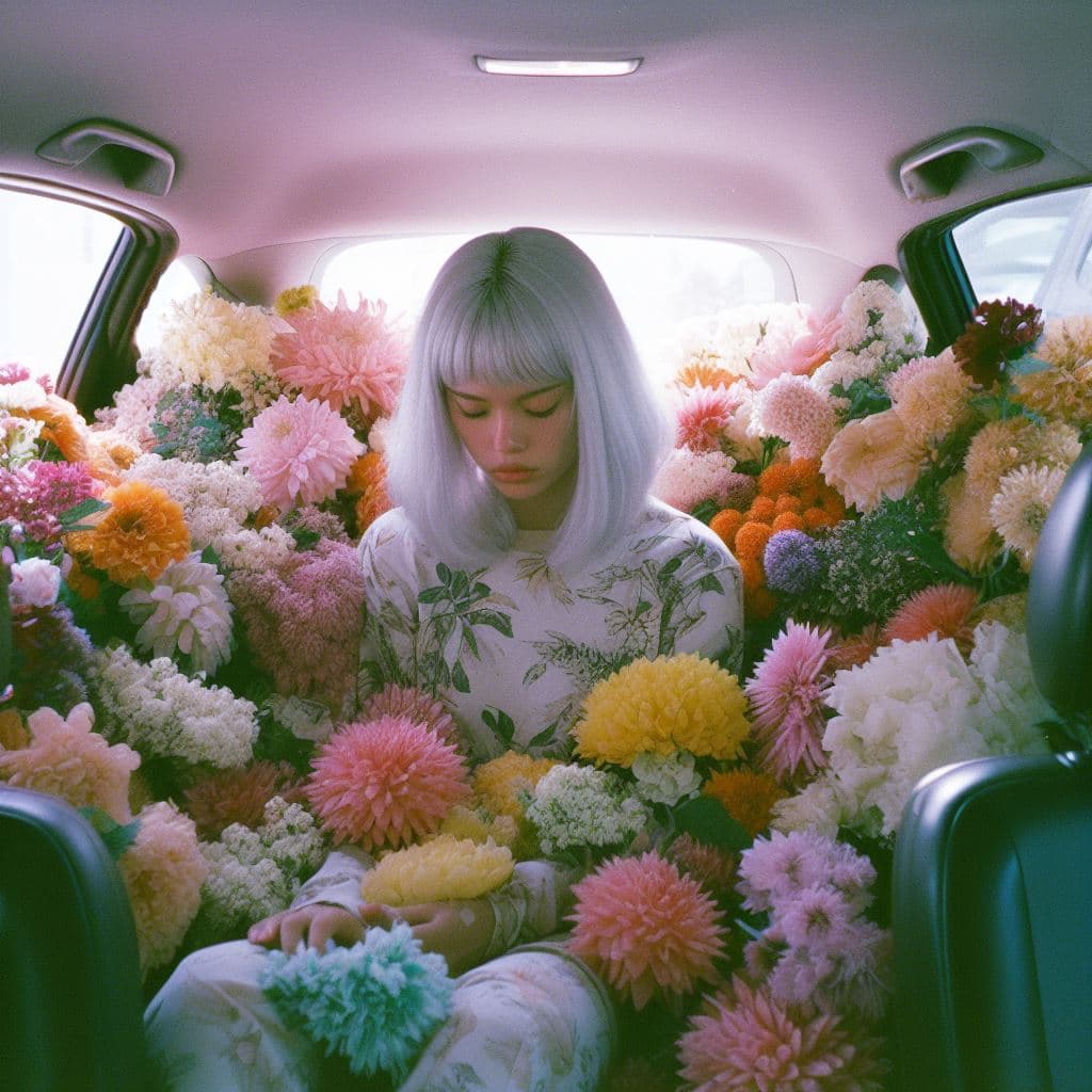 AI generated: a girl with white hair sitting in car filled withflowers, art by Rinko Kawauchi, in the style ofnatu...