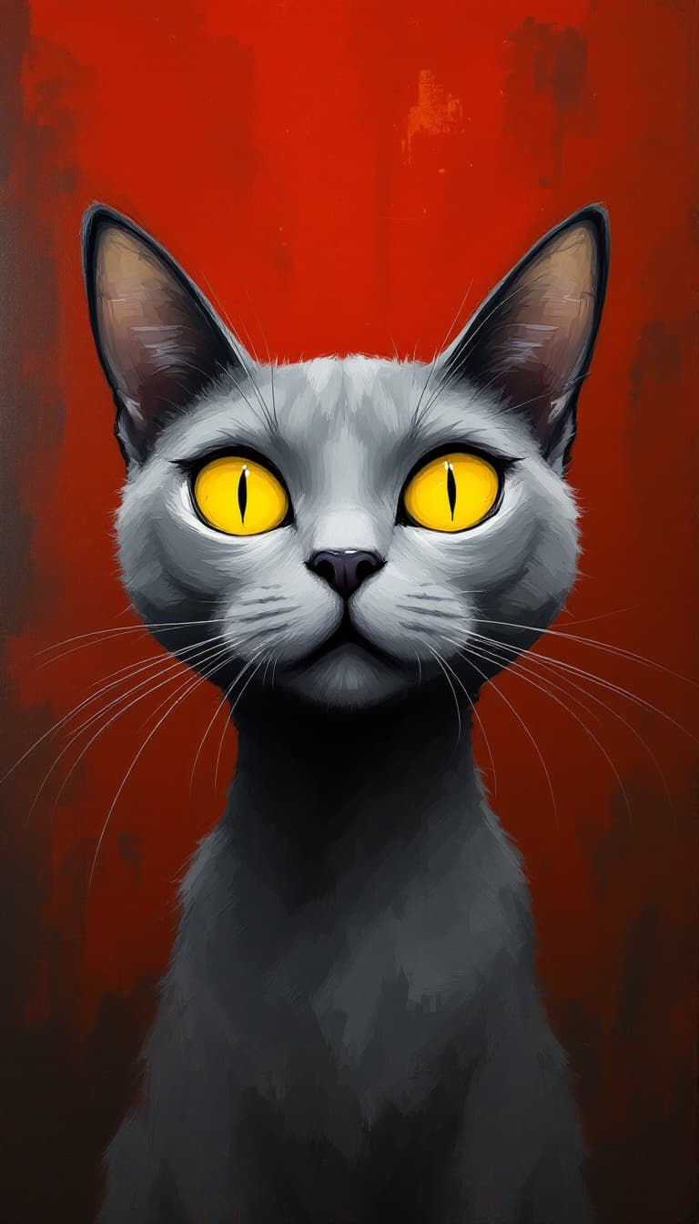 AI generated: artistic, oil painting, all grey cat, portrait of grey cat, empty yellow eyes, grey mouth, grey ears...