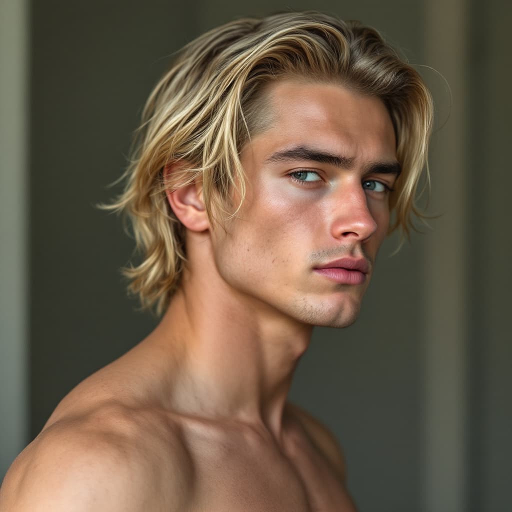 AI generated: A young man, completely cleanshaven with mild gynecomastia or puffy nipples. He will be seen from an...
