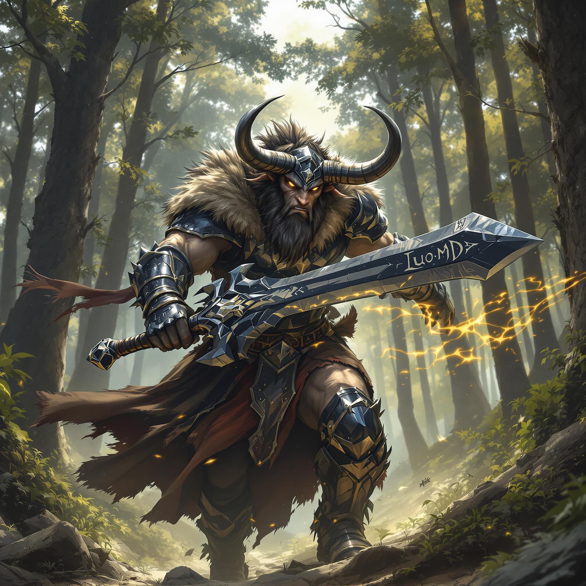 AI generated: A handsome-faced minotaur warrior, clad in battered black chrome armor, charges forward into the mid...