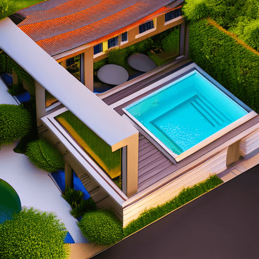 AI generated: Photo Realistic bird view level exterior entrance photo of a classic style house with pool and wild ...