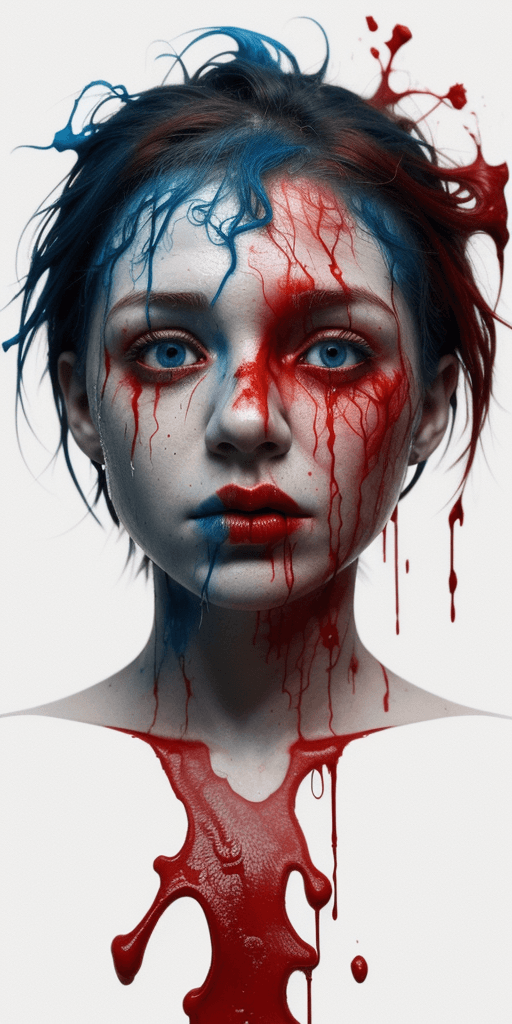 AI generated: A half body portrait of a battered and wounded smurf made of blood, half body is submerged in blood,...