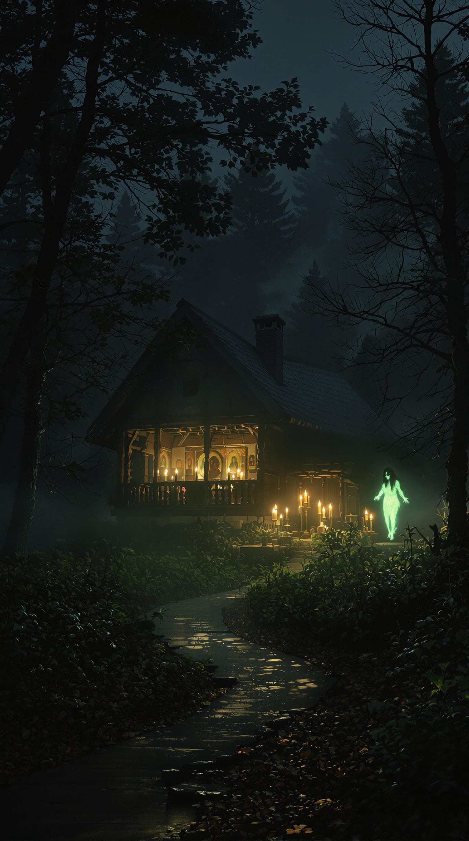 AI generated:  dark, eerie Carpathian forest at night, mist creeping along the ground. In the centre, an old Ukrai...