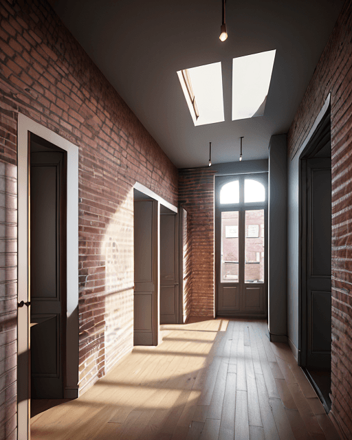 AI generated: High resolution photography of interior design, OF A CORRIDOR INSIDE A HOUSING BUILDING WITH TWO BRI...