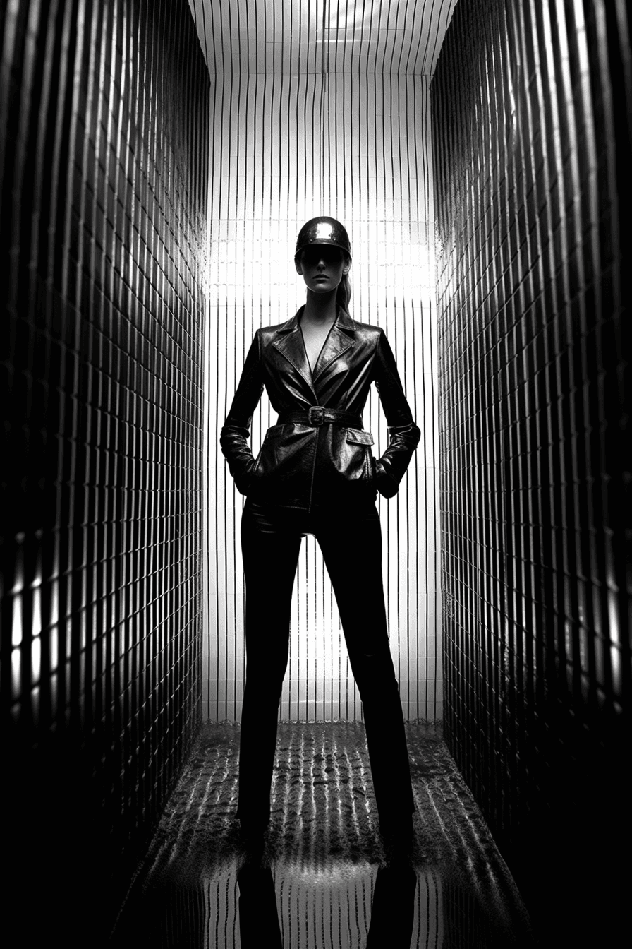 AI generated: artistic black and white photo of tall and beautiful model woman standing under the shower wearing b...