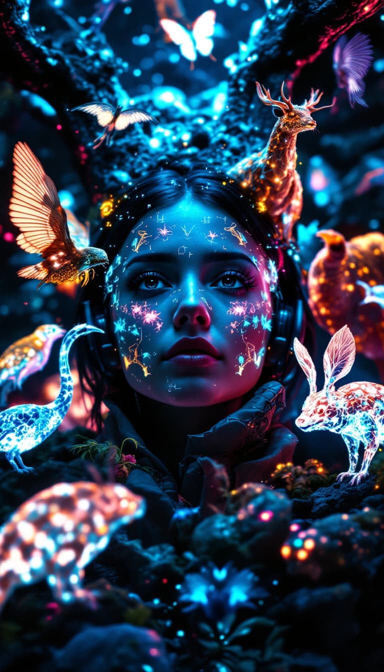 AI generated: Portrait of a futuristic cyberpunk wildlife biologist, centered, surrounded by holographic animal mo...