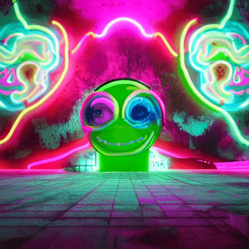 AI generated: acid smiley looming over the end of the world, neon, dystopian, dripping paint, photorealistic, cine...