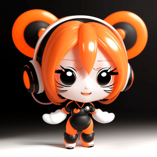 AI generated: 3D animation character minimal art toy , chibi GIRL, orange and black chinese DJ, balance harmonic c...