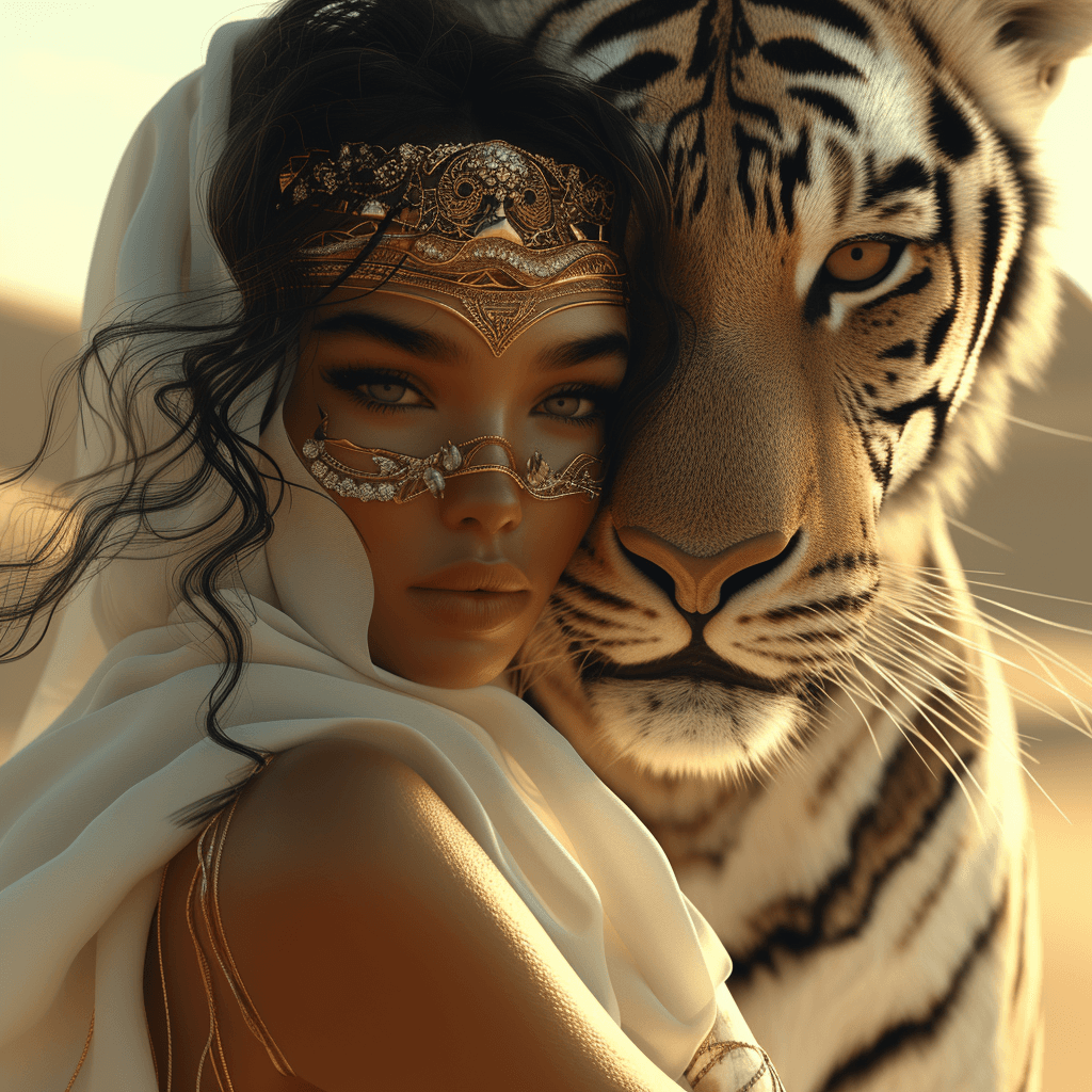 AI generated: Beautiful princess with gold accessories with her tiger
