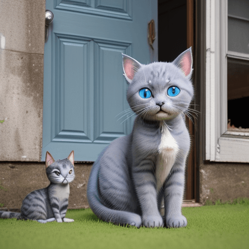 AI generated: Create a close-up image of a little gray cat sitting in the grass in front of the door of an old, di...
