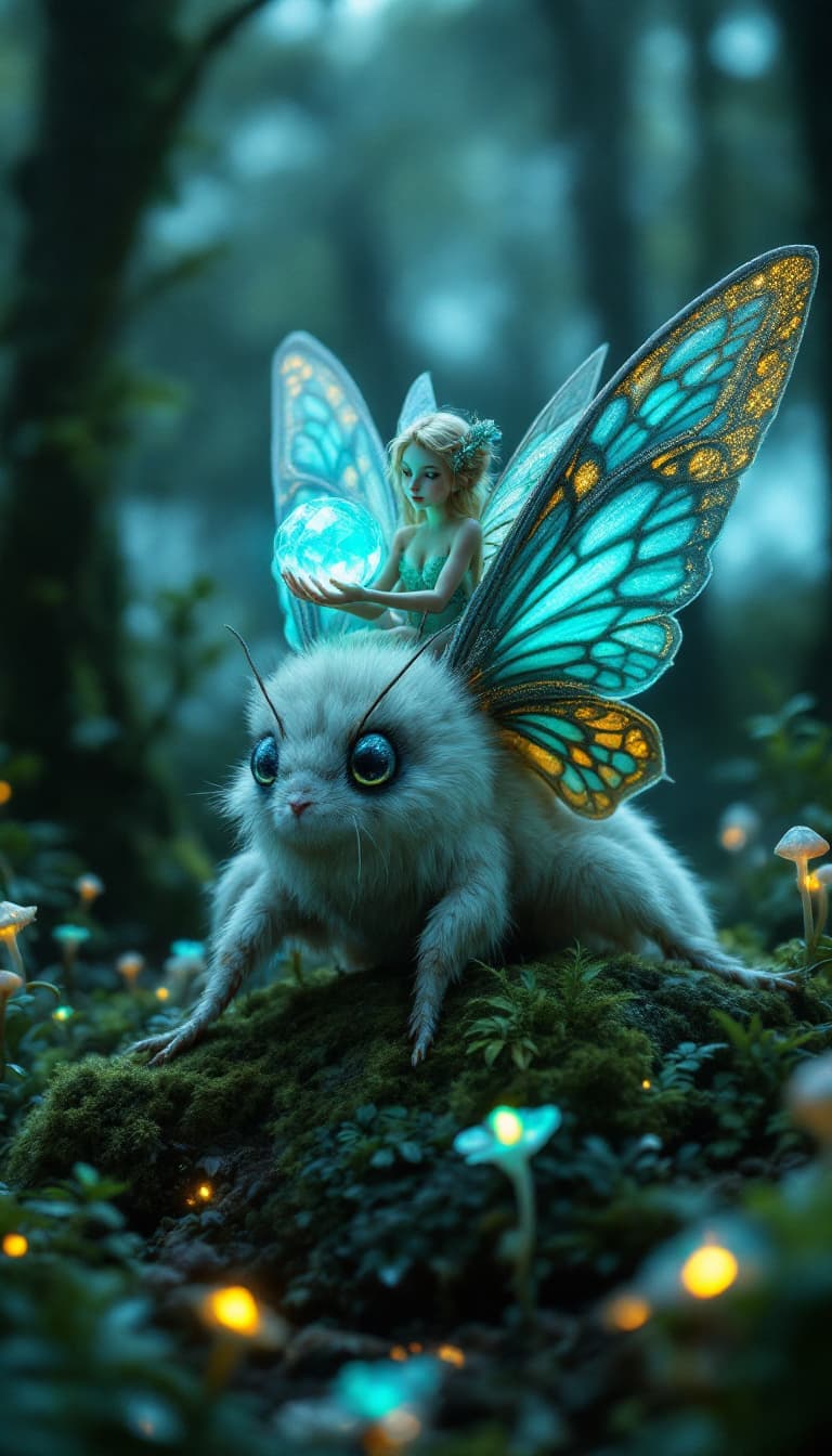 AI generated: A whimsical, hyper-realistic macro photograph of a pixie with sparkling turquoise wings riding a gia...