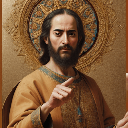 AI generated: A man points at the viewer with his index finger, religious painting style with colorful background,...
