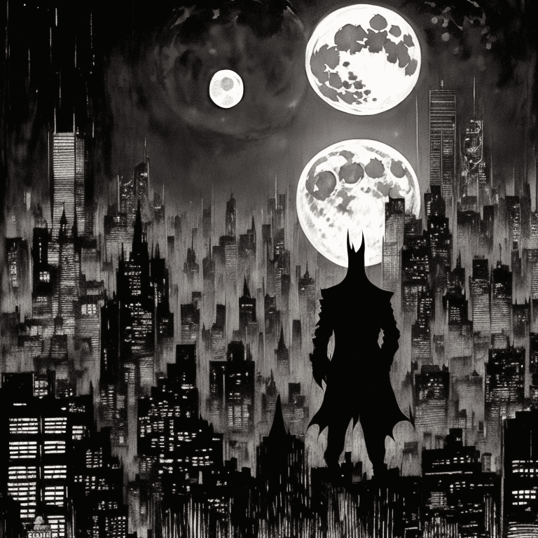 AI generated: the joker, background Gotham city, full moon, tall buildings with lights, spotlight sends bat-signal...