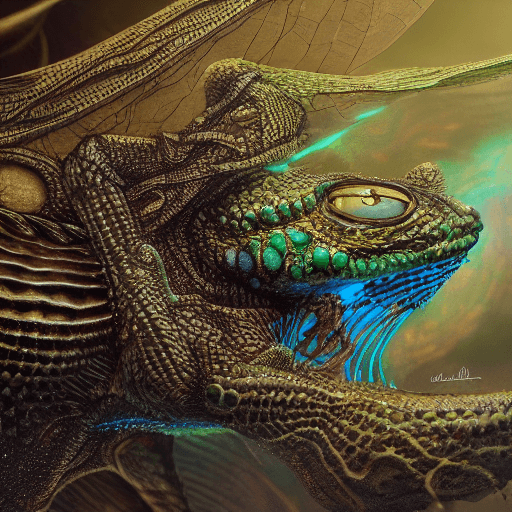 AI generated: extraterrestrial, reptile’s skin, dragonfly's eyes, dragon's wing, bioluminiscent creatures, intrica...