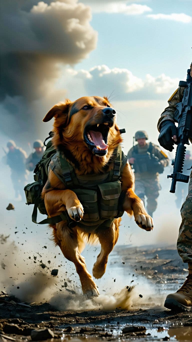AI generated: a stray dog in army gear bites a soldier's leg, the soldier screams, the atmosphere of the battlefie...
