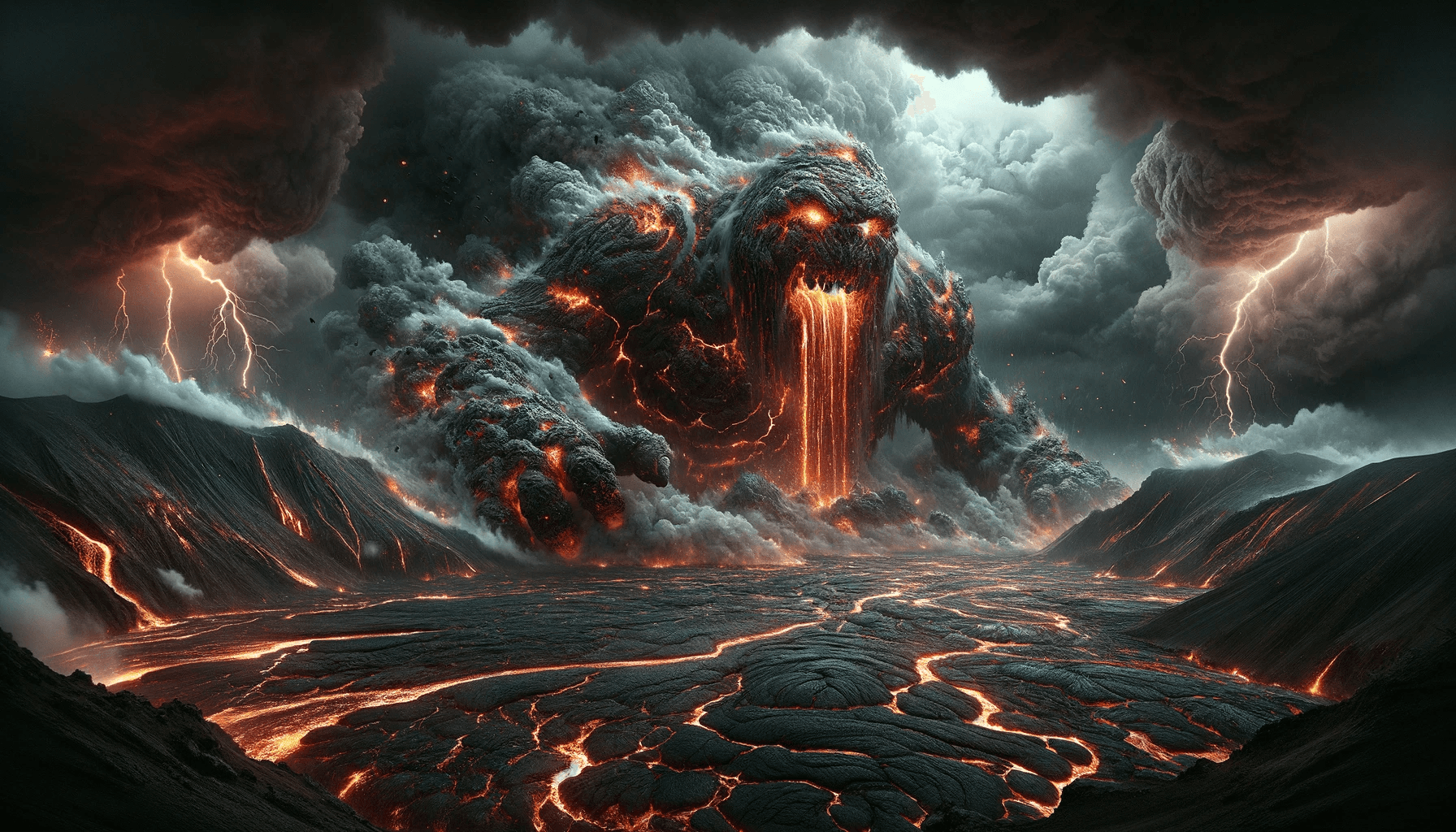 AI generated: Create an image of a gargantuan lava monster emerging from the crater of an erupting volcano. The sc...