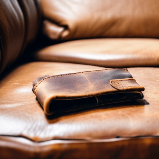 AI generated: abandoned leather wallet lying open and empty beside a creme couch cushion