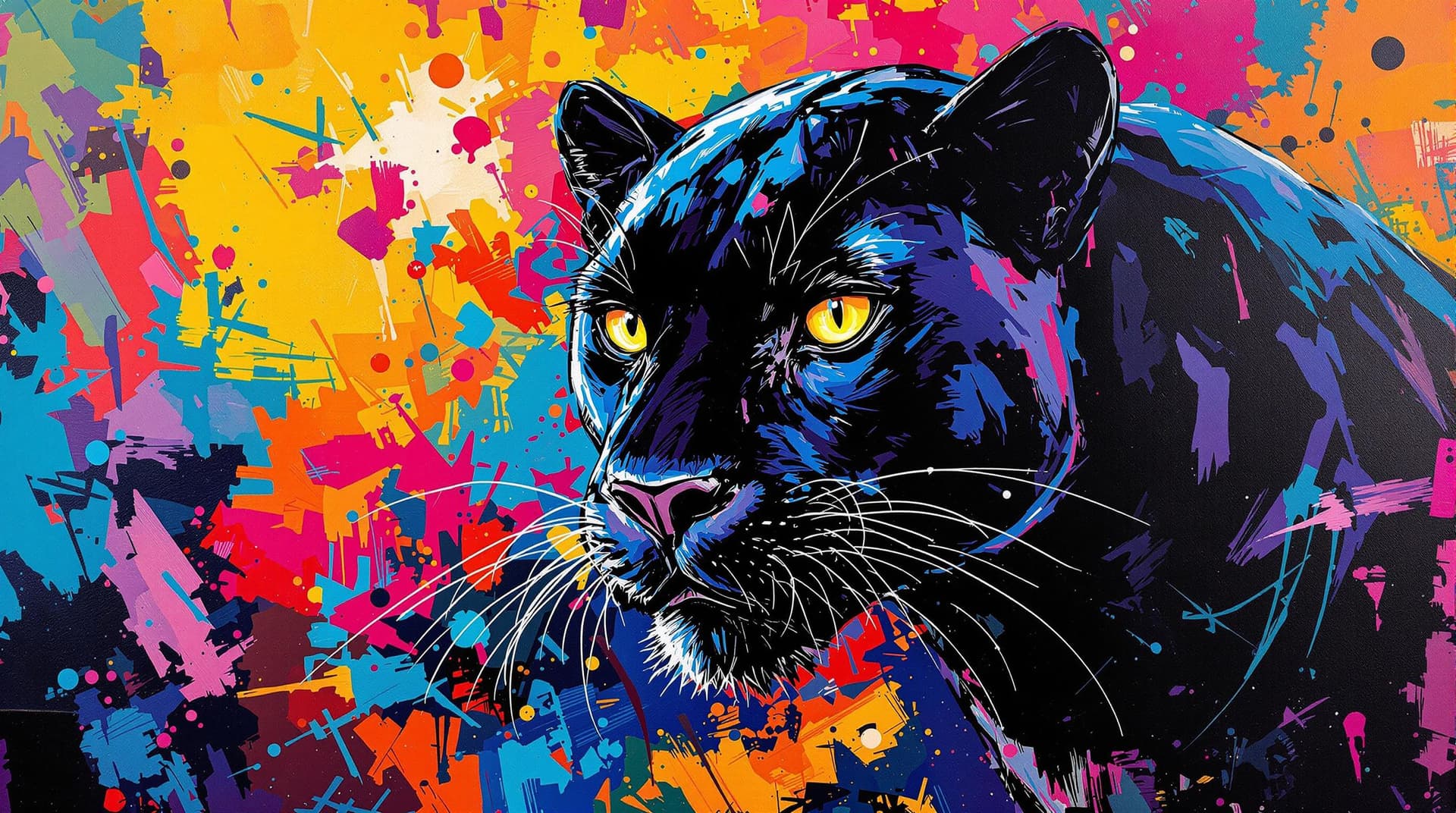AI generated:    A lively and energetic oil painting in bright, vibrant colors showing    
 a black panther  The s...