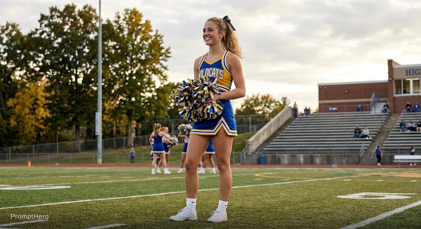 AI generated: 18 year old, tall blonde, Wearing a cheerleader outfit