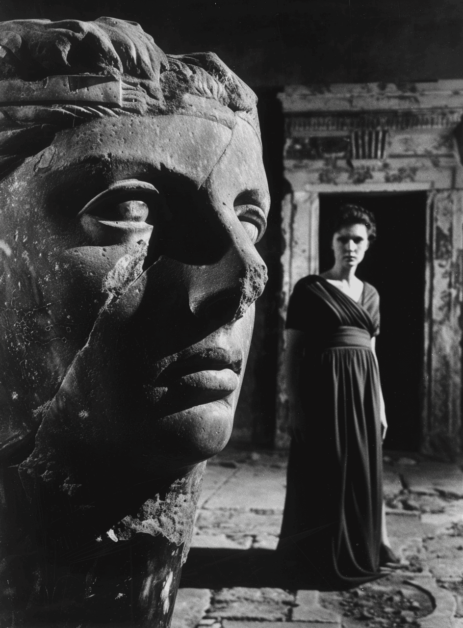 AI generated: A grainy black and white movie still of an ancient Roman statue head, the face is made out of stone ...