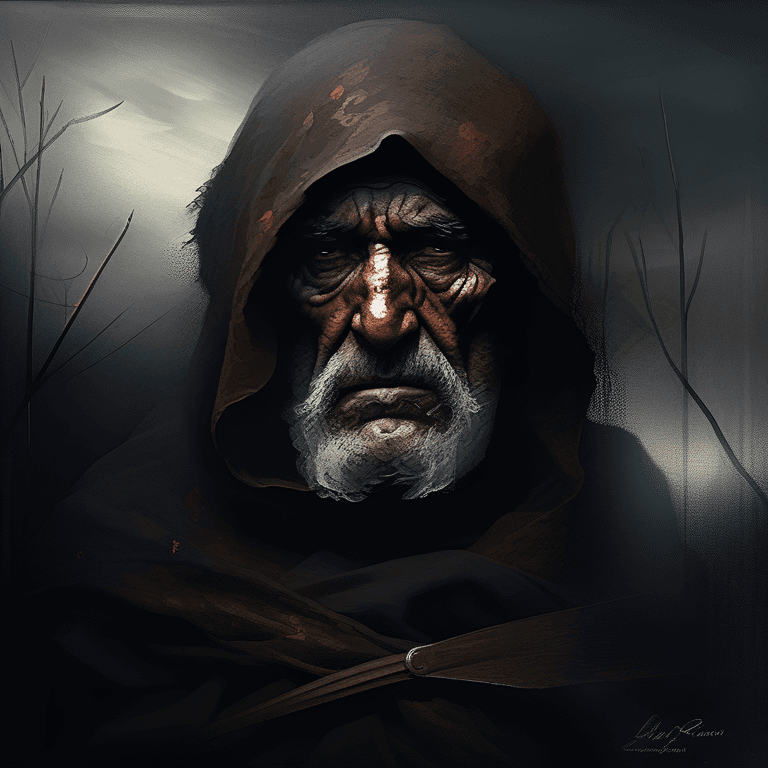 AI generated: (an old blind warrior), brutal composition, digital painting, dramatic, gloomy, emotionally profound...