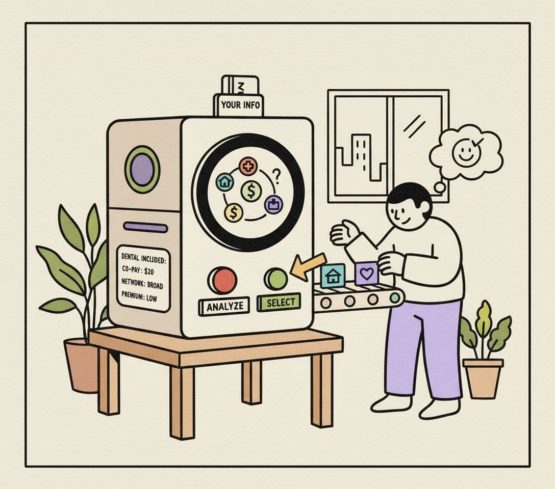 AI generated: a ficticious machine that selects the best health insurance plan for you. Use the attached image as ...