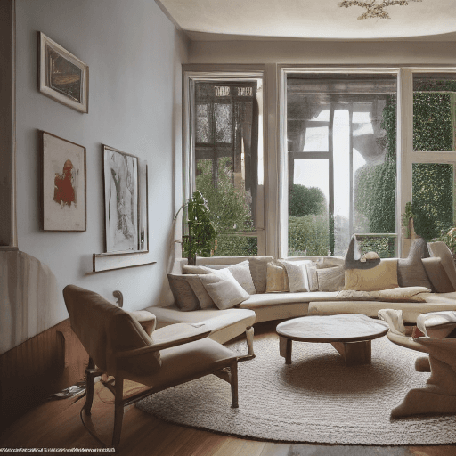 AI generated: High resolution photography interior design, dreamy sunken living room conversation pit, wooden floo...