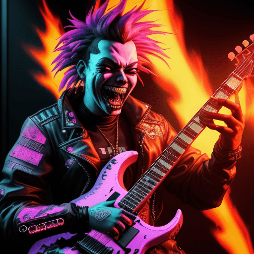 AI generated: A terrifying cyberpunk style art of a Rock Guitarist on fire, laughing, vaporwave art, dynamic light...