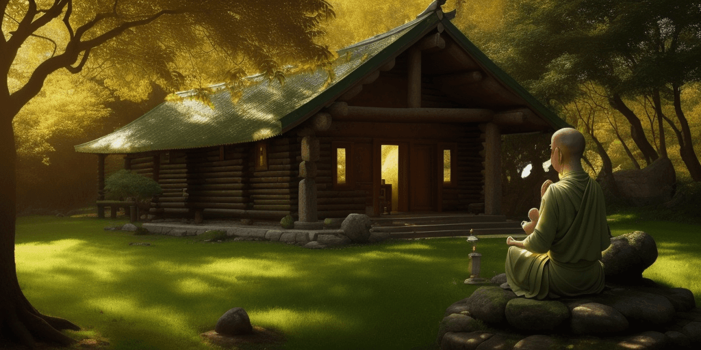 AI generated: a close up shot of monk meditating under green tree with a unique and ancient retreat cabin in backg...