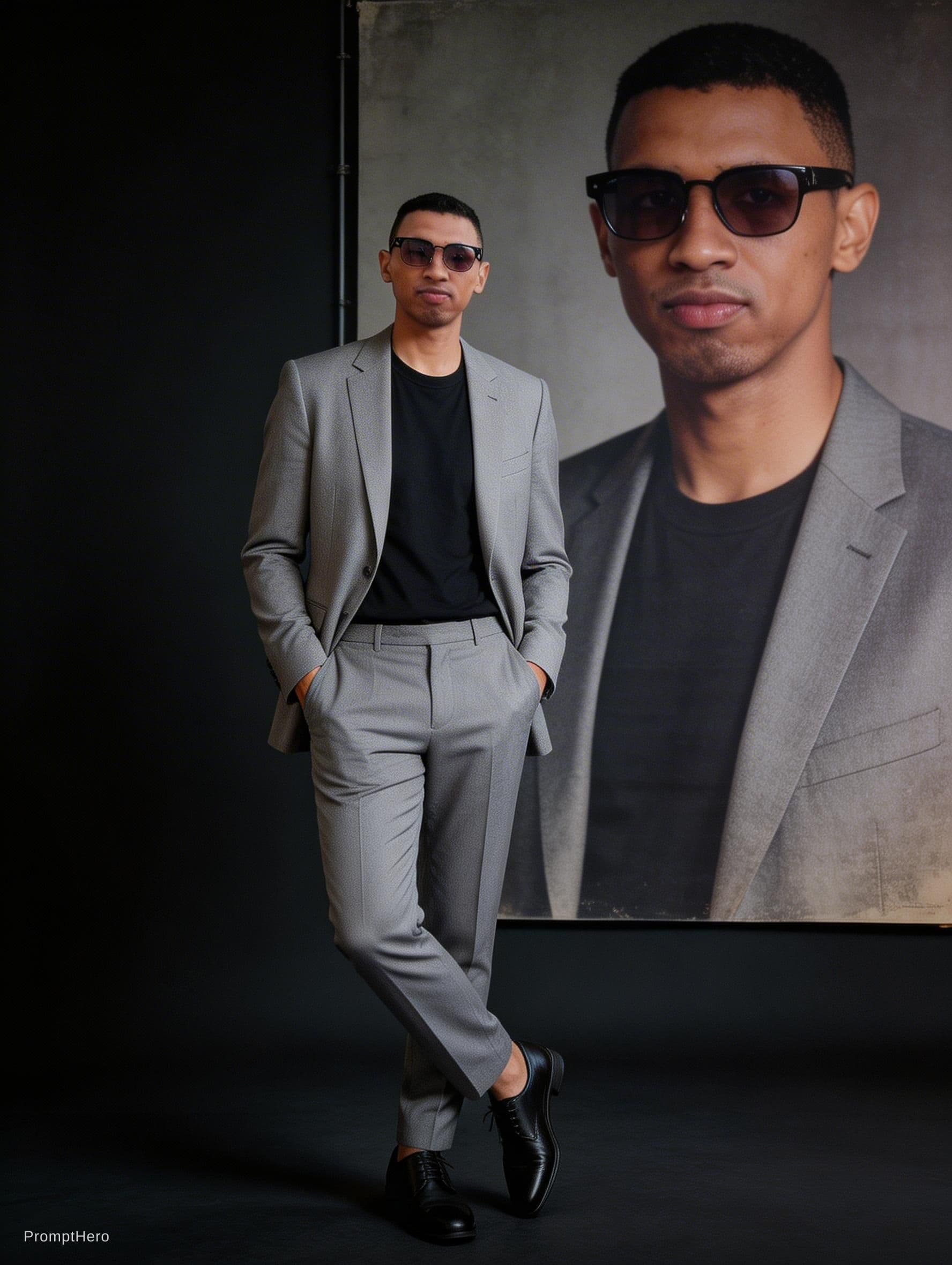 AI generated: "A stylish young man wearing a modern slim-fit grey suit with a black t-shirt inside, standing confi...