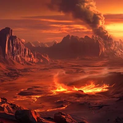 AI generated video: A volcano erupts on a distant alien planet, smoke rising into the sky