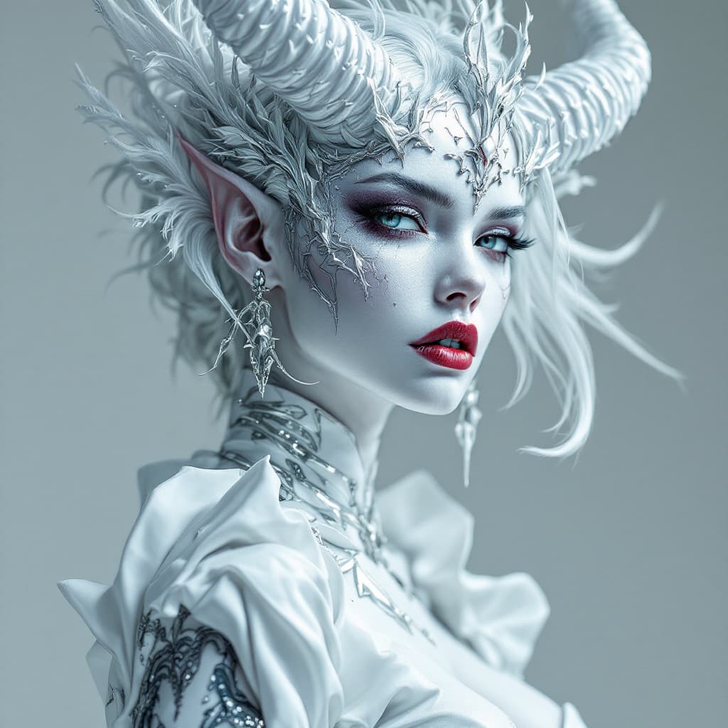 AI generated: white background, beautiful portrait of a beautiful demon woman 
in white and silver colors, with re...