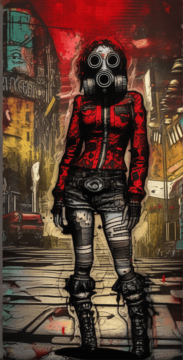 AI generated: grunge style sexy lady, red bodysuit, Outsider Art, Robotpunk, Streetlights, octane rendering, REDen...