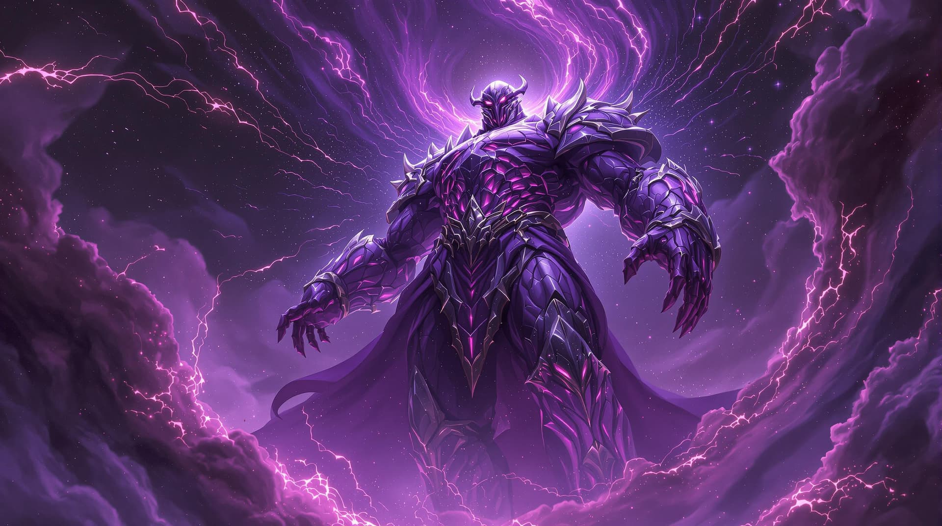 AI generated: Bathed in ethereal shades of deep purple and pink, a colossal figure looms in a fantastical realm, e...