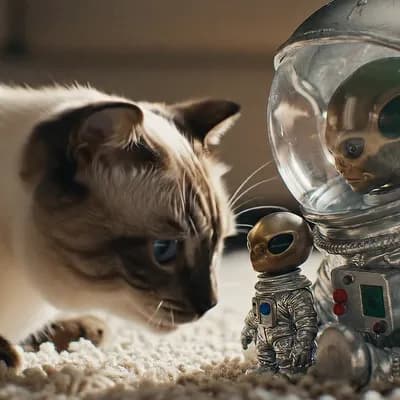 AI generated video: A cat playing with a small martian