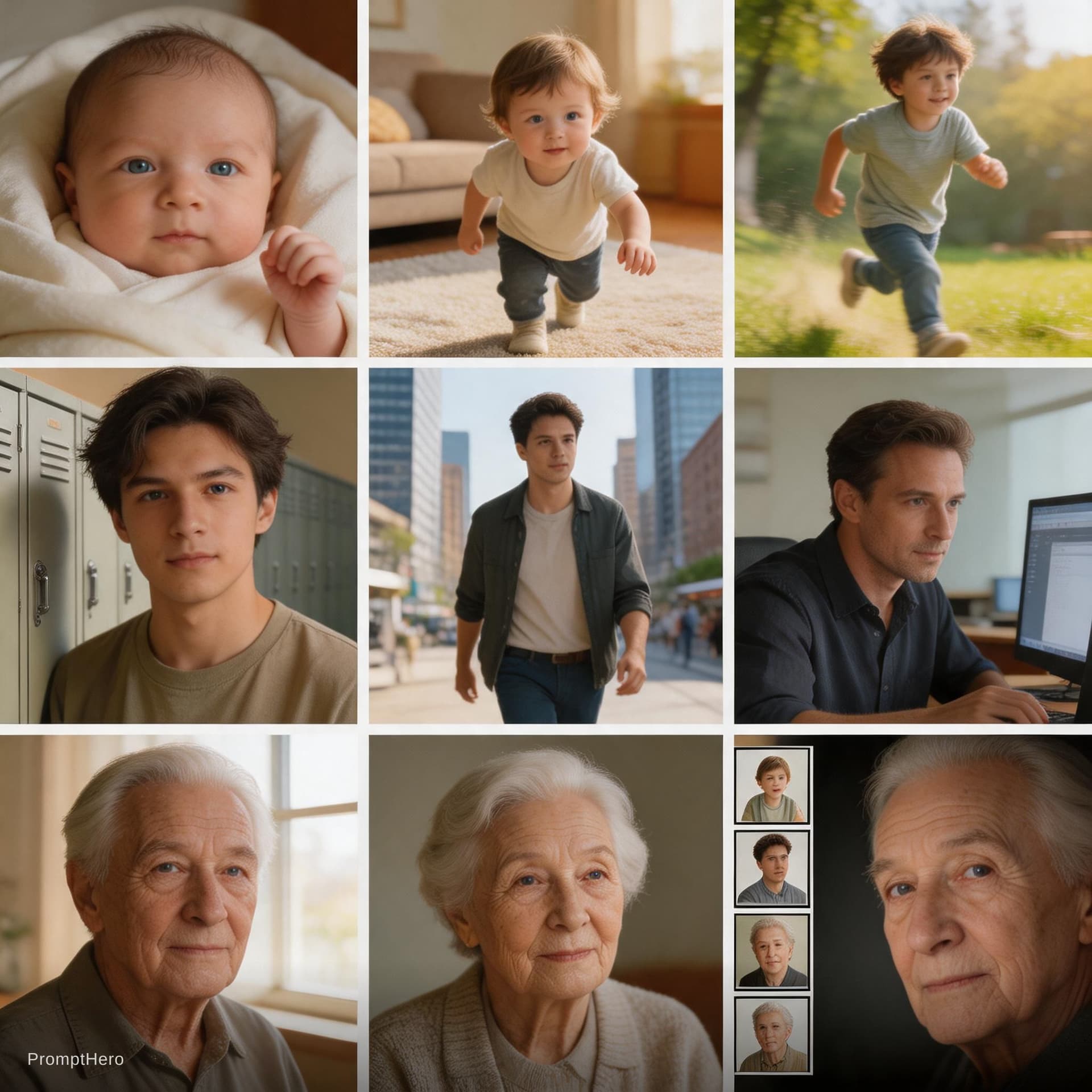 AI generated: 15s fast-paced cinematic montage, single consistent character across all ages, rapid cuts, strong id...