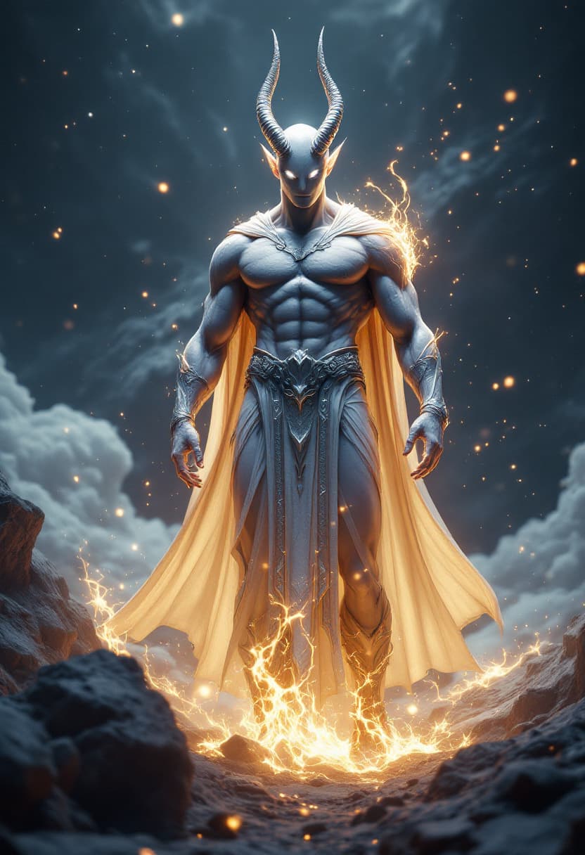 AI generated: God of Neutrality, full-body, Etherial, muscular, No mouth or hair, Glowing grey eyes, epic, cinemat...