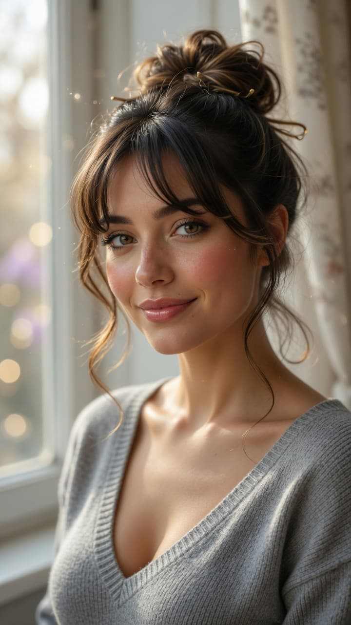 AI generated: Ultra-realistic portrait photography of a beautiful young woman with warm olive skin, large expressi...