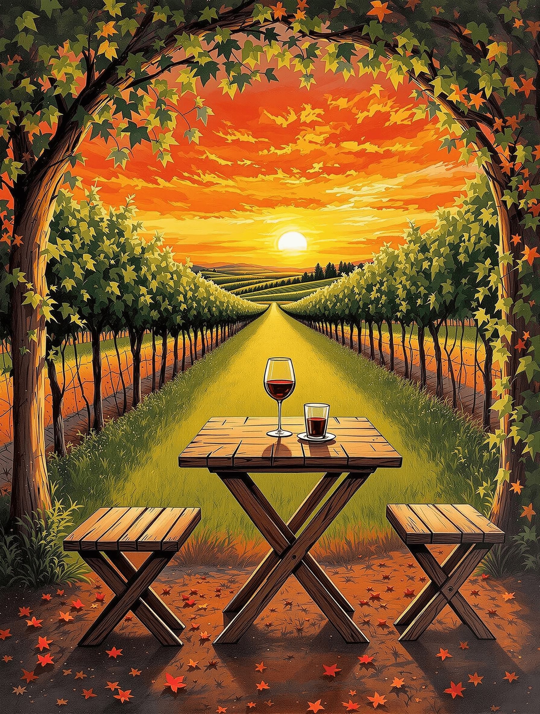 AI generated: Une scène intime dans un vignoble, une table en bois avec un verre de vin rouge au centre, entourée ...
